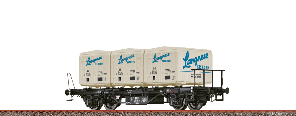 BRAWA 50918 Behältertragwagen BTs30 DB, mit Ekrt212 "Langnese Eiskrem" Spur H0