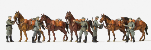Preiser 16607 EDW Kavalleristen stehend mit Pferden unbemalt 5 Figuren und 5 Pferde Spur H0