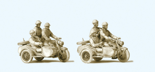 Preiser 16615 Kradfahrer NVA DDR Motorrad Zündapp KS 750 6 unbemalte Figuren und 2 Motorräder mit Beiwagen Bausatz Spur H0