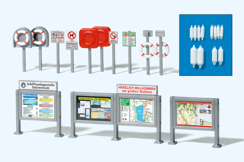 Preiser 17317 Ausstattung am Badesee Rettungsringe Fender etc mit Schaukästen Spur H0