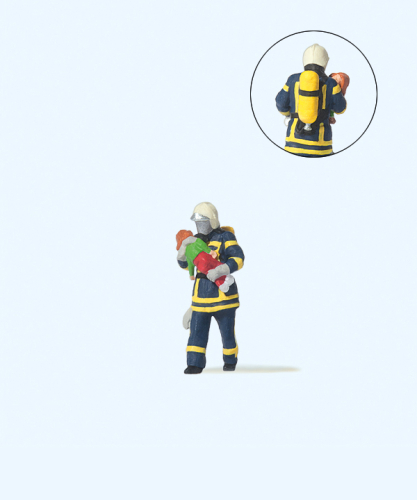 Preiser 28251 Feuerwehrmann in blauer Uniform rettet Kind Spur H0