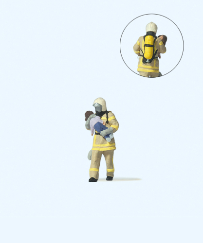 Preiser 28252 Feuerwehrmann in beiger Uniform rettet Kind Spur H0