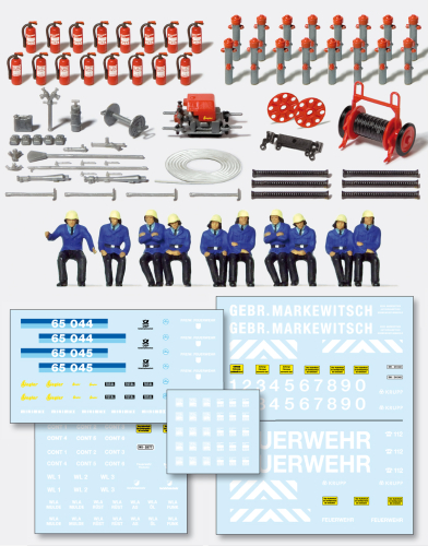 Preiser 31010 Feuerwehr Set mit Tragkraftspritze Feuerlöscher Saugschläuche Bausatz Spur H0
