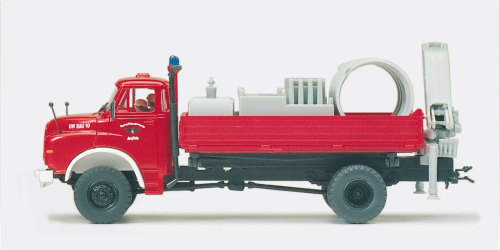 Preiser 35007 Feuerwehr Gerätewagen Bau MAN 9.168 HAK Fertigmodell Spur H0