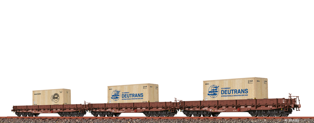BRAWA 50876 Set (3er) Güterwagen Samm DR, Epoche IV, DC (Ladegut Holzkiste 2x Deutrans, 1x Stückgut) Spur H0