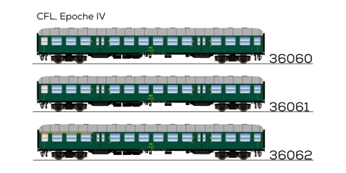 ESU 36061 n-Wagen, B, 82 22-40 462, 2. Kl, CFL Ep. IV, flaschengrün, Dach silber, DC Spur H0