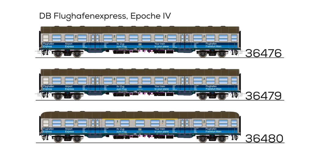 ESU 36479 n-Wagen, Bnrz 728, 50 80 22-34 507-1, 2. Kl, DB Ep. IV, silber, Pfauenauge, blaue Streifen Flughafen-Express, DC Spur H0