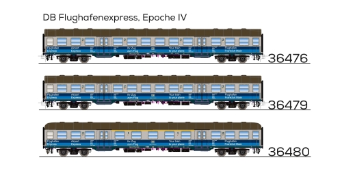 ESU 36479 n-Wagen, Bnrz 728, 50 80 22-34 507-1, 2. Kl, DB Ep. IV, silber, Pfauenauge, blaue Streifen Flughafen-Express, DC Spur H0