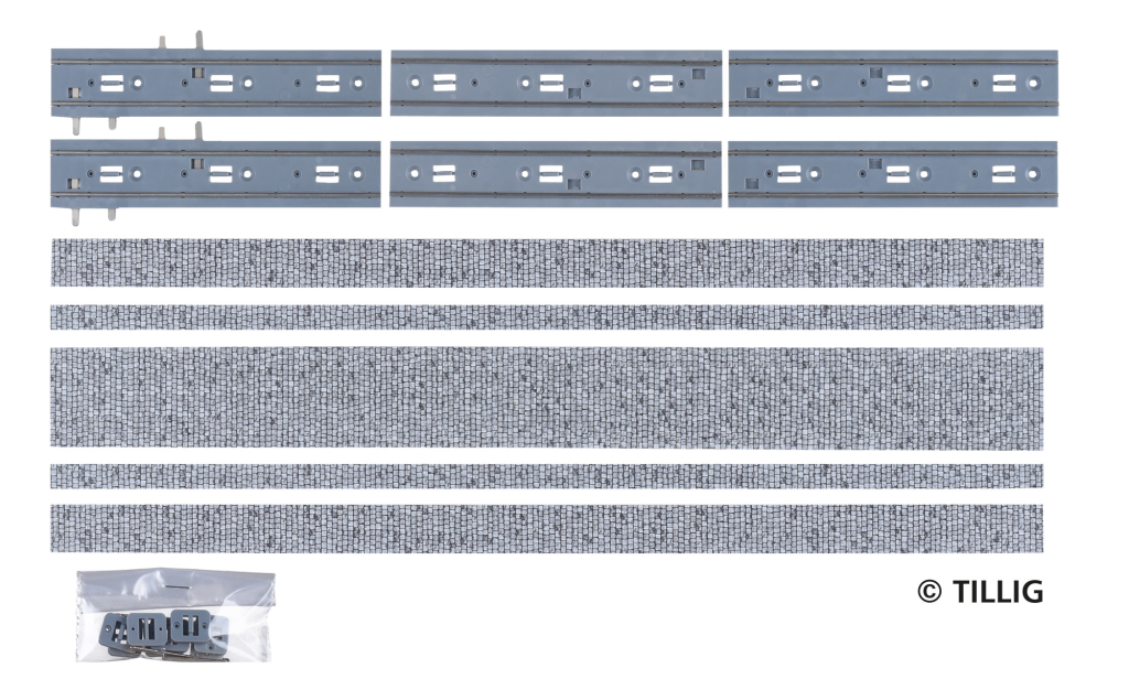 TILLIG 87016 Gerades Gleis Pflastersteine, Länge 316,8 mm -neue Bedruckung- Spur H0m