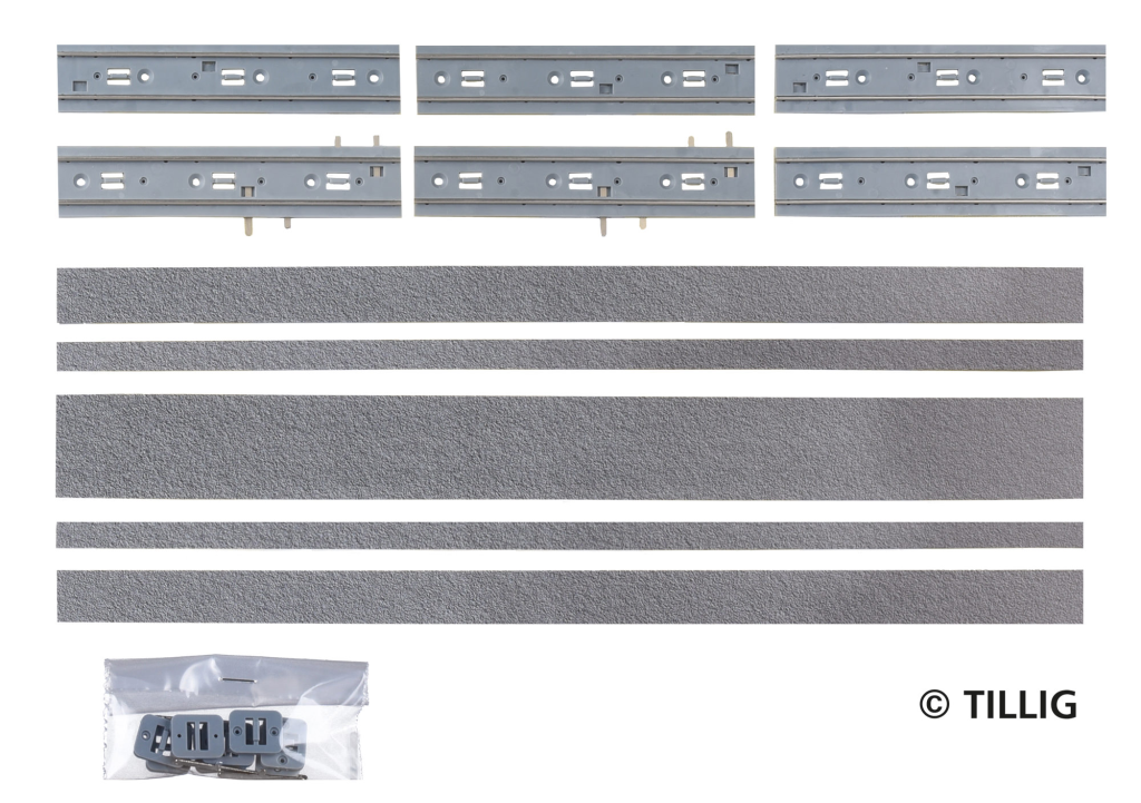 TILLIG 87017 gerades Gleis Asphalt/Beton, Länge 316,8 mm -neue Bedruckung- Spur H0m