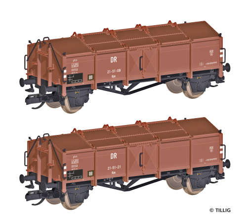 TILLIG 502700 Güterwagen-Set, DR, Ep. III, bestehend aus zwei Klappdeckelwagen Km Spur TT