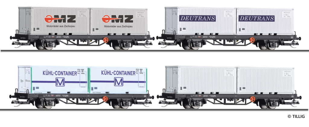 TILLIG 502704 Containertragwagen-Set, DR, Ep. IV, bestehend aus vier Lgkks mit je zwei Containern Spur TT