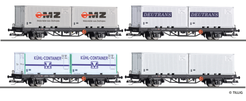 TILLIG 502704 Containertragwagen-Set, DR, Ep. IV, bestehend aus vier Lgkks mit je zwei Containern Spur TT