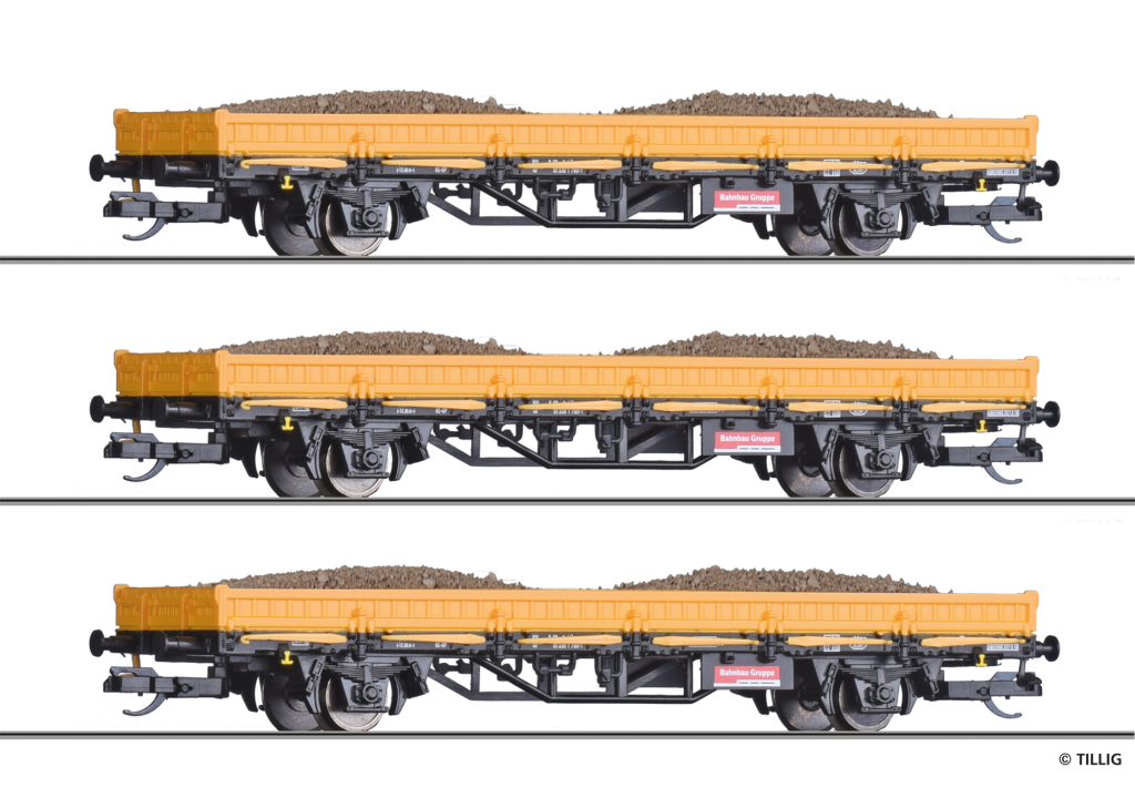 TILLIG 502708 Bauzugwagen-Set "Bahnbau Gruppe", DB AG, Ep. VI, bestehend aus drei Ks mit Abraumladung Spur TT