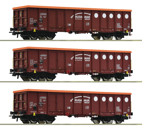 ROCO 6600087 3-tlg. Set Offene Güterwagen Budamar Spur H0